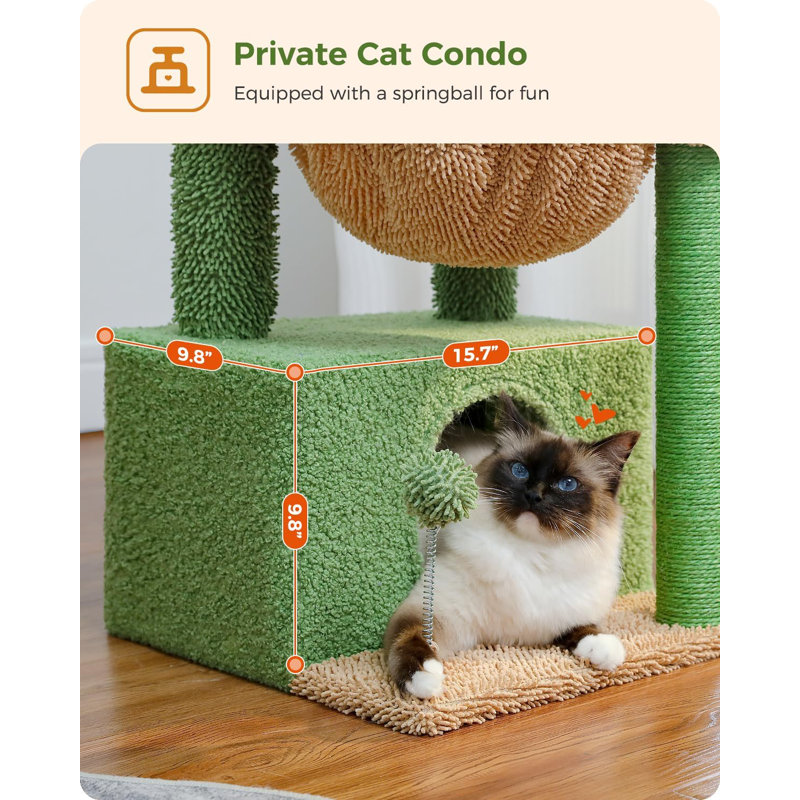 Arbre à chat 4-en-1 Cactus, tour à chat 33 po pour chat avec grand condo, grattoir pour chat avec hamac profond et perchoir supérieur, vert