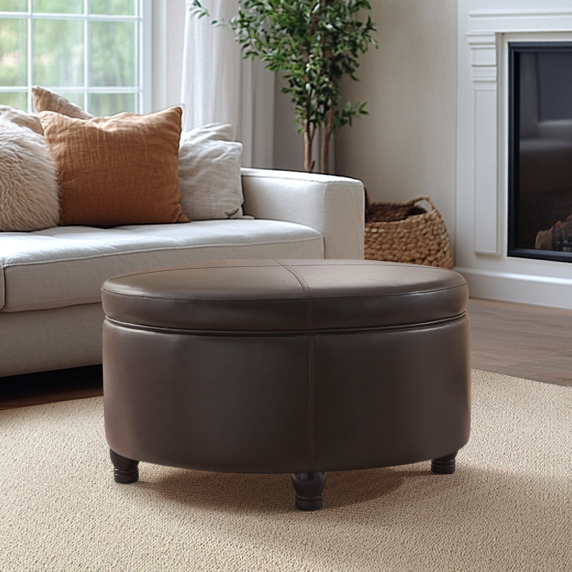 Charlton Home Duanys Faux Leather Upholstered Round Storage Ottoman ...