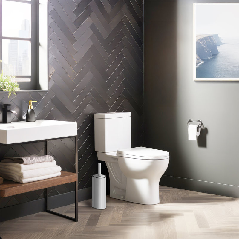 Porte-brosse de toilette en métal rosé Acento avec doublure amovible et base lestée, blanc mat, Blanc mat côtelé