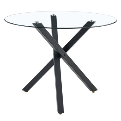 Round Glass Dining Table with X-Shaped Metal Frame for Small Spaces, Stylish and Functional Design.