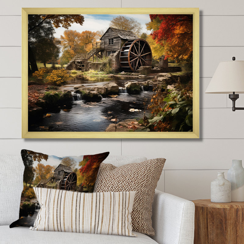Moulins, moulin automnal encadré sur toile, H 12 po x l 20 po x P 1 po, Cadre doré à une seule photo