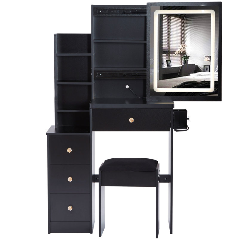 29.2" Small Size Left Bedside Cabinet Vanity Table + Cushioned Stool, 2 Ac+2 Usb Power Station, Hair Dryer Bracket, Extra Large Touch Control Sliding Led Mirror, Tri-Color Switching, Brightness Adjust