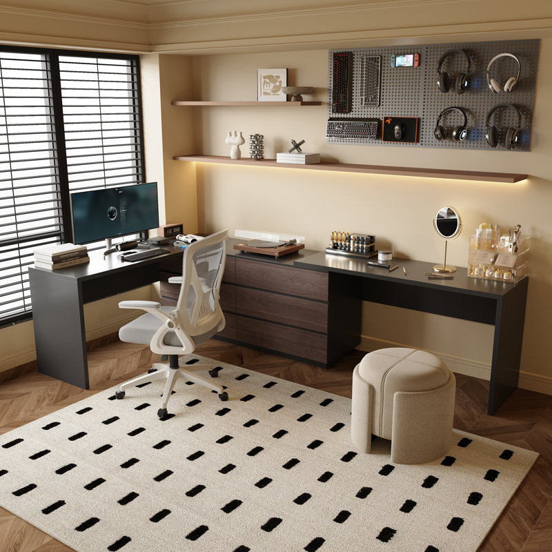 Bureau d'ordinateur extensible pour 2 personnes jusqu'à 144 po avec 6 tiroirs de rangement Modern Home Office, Noir / Noyer