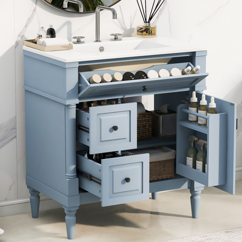 30"W Freestanding Bathroom Single Vanity with Drawers and An Adjustable Shelf, Black, Blue Gray