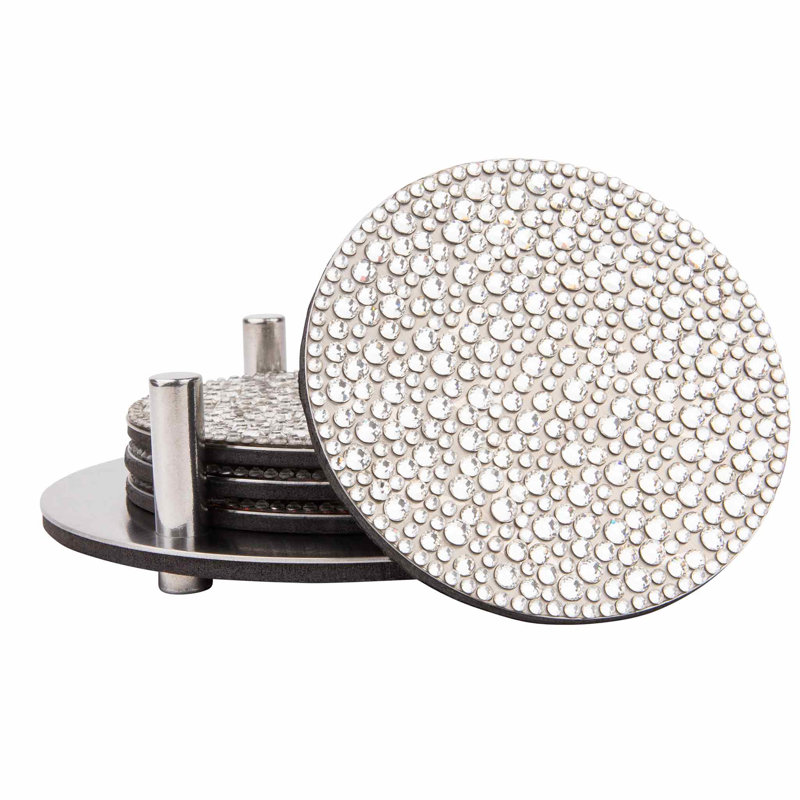 Silver Rhinestone Stainless Steel Coaster Set with Holder, 5"