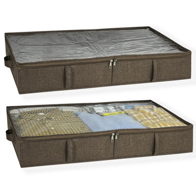 Brown Low Profile Under Bed Storage Containers 5 Inches High,Sturdy Underbed Shoe Storage Organizer, Foldable Fabric Under The Bed Storage Bins - Pack Of 2