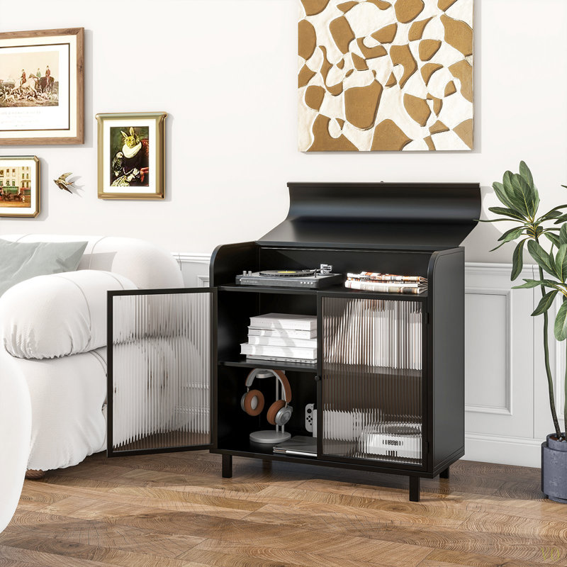 Buffet moderne avec portes en verre trempé figuré, dessus rabattable, tablettes intérieures, console de rangement en métal pour la salle à manger, la cuisine, le salon et le vestibule