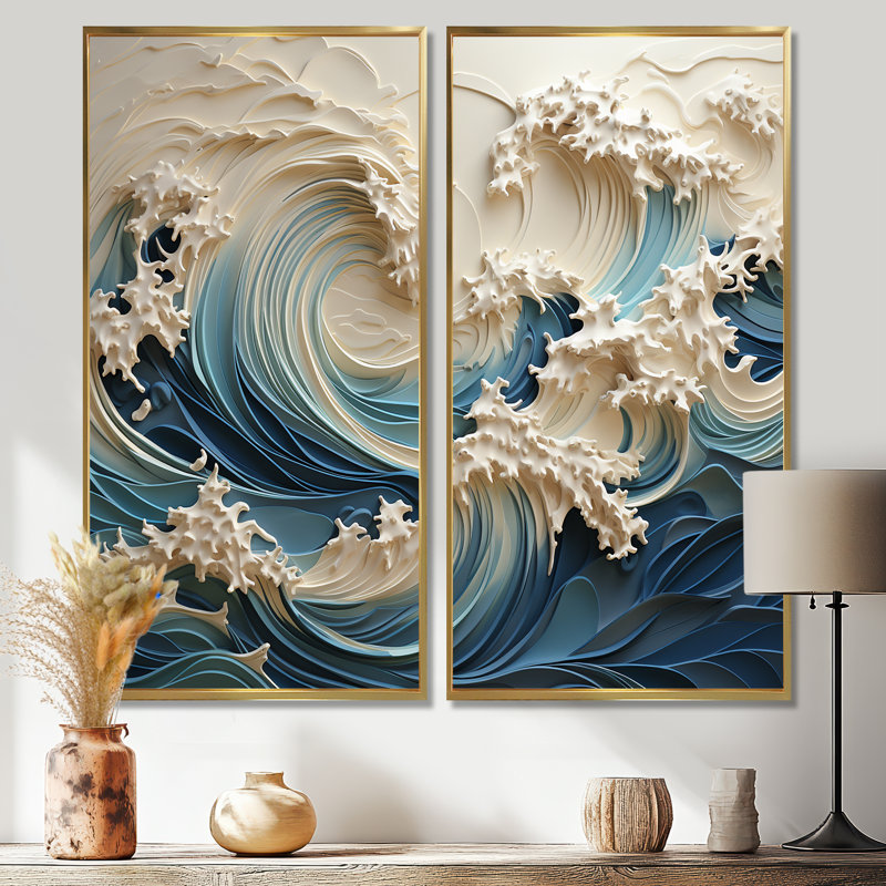 «White and Blue Wave Papercut Style III - Coastal Waves», ensemble de 2 impressions murales côtières, H 20 po x l 24 po, Doré