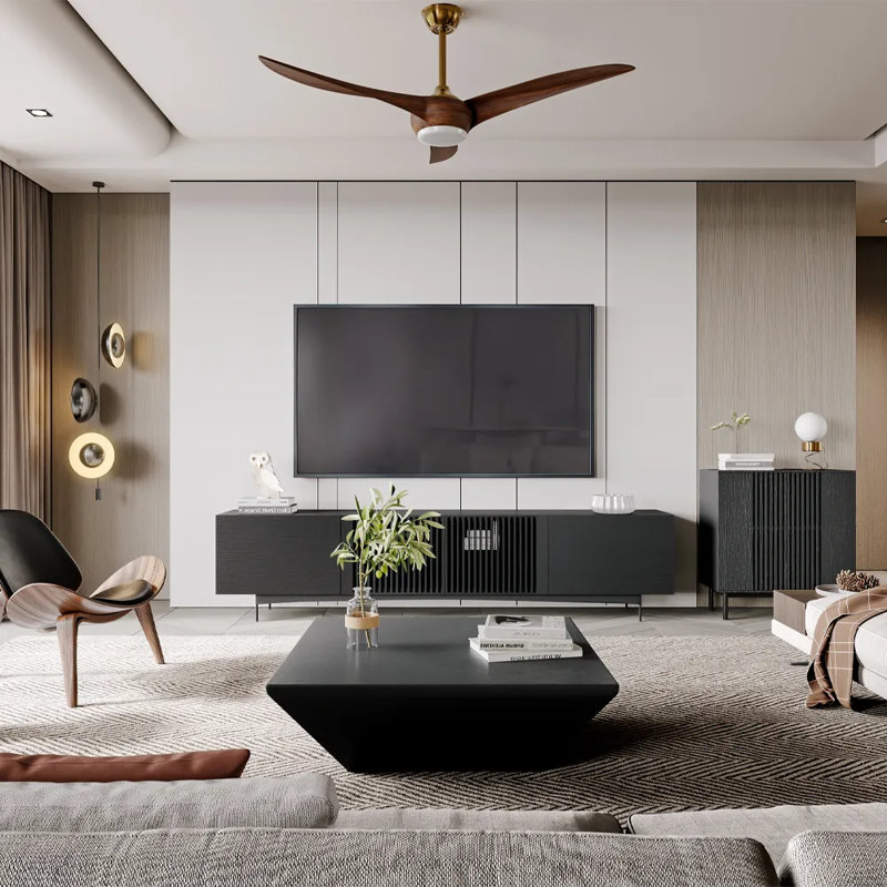 Meuble télé Mid-Century moderne, entièrement assemblé, Noir, H 21,65 po x L 15,75 po x l 78,74 po