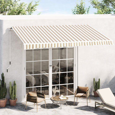 Auvent rétractable 12 'x 10' pour patio - Protégé, eau, manivelle manuelle, cadre en aluminium, abat-jour de cour beige et blanc, manivelle, tissu 280G / M,