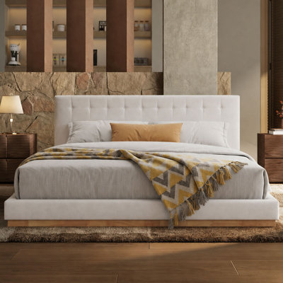 Modern Minimalist Button-Tufted Upholstered Headboard Bed Frame, Chenille Fabric, Rubber Wood Frame