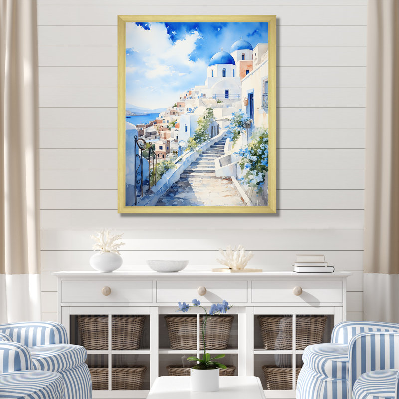 "Village côtier des îles grecques III", Cadre doré simple, H 32 po x l 24 po x P 1 po