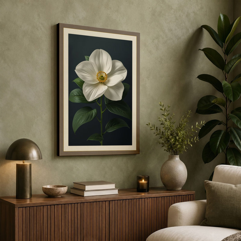 White Camellia Study Botanical - Wrapped Canvas, 24x16 - 61.0 x 40.6 cm, Sage Border