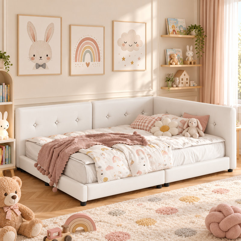 Vesna Upholstered Daybed ,Upholstered Platform Bed with USB Ports,Linen+Wood, Queen, White