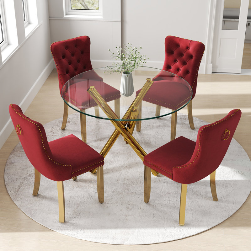 Ensemble de salle à manger à piédestal rond 5 pièces avec chaise capitonnée en velours pour salle à manger et salon, Doré