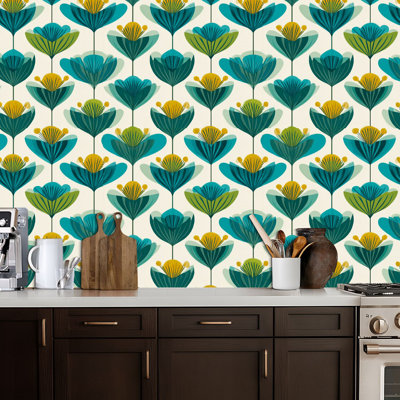 Peel and Stick Wallpaper Retro Floral Teal Yellow Blooms Cream Contact Paper Removable Self Adhesive Wall Mural Wall Decor for Bedroom Kitchen Cabinets 24in x 118in