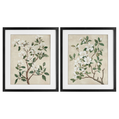 Vintage White Floral Blossomed Trees 2pc Framed Print Under Glass Set, design by Petal Prints Design