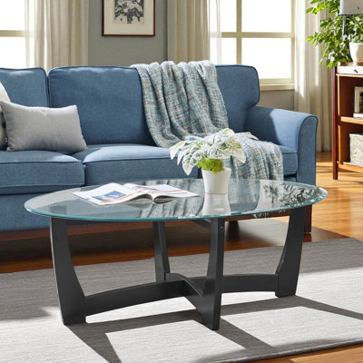 48 Inch Oval Glass Small Coffee Table With Glass Top And Black Leg by KISRAIS