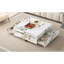 Table basse avec 4 tiroirs, base suspendue, plateau en faux marbre, blanc doux, carré de 43,3 po