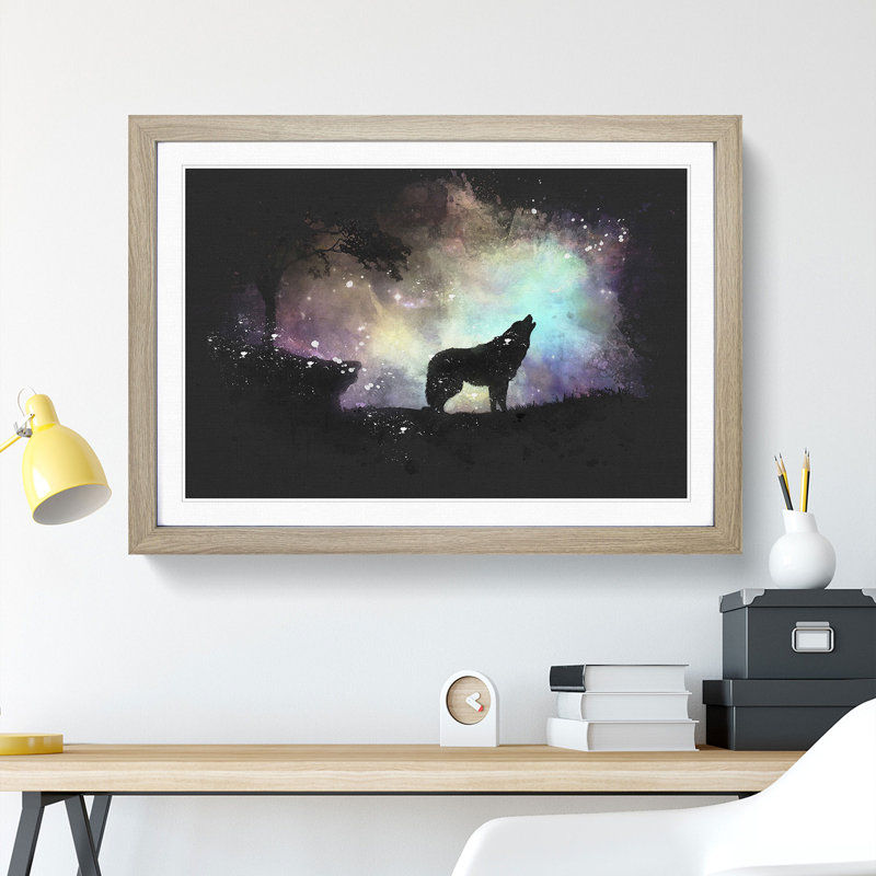 Howling Wolf with a Galaxy Forest - Picture Frame Graphic Art Print, Oak Framed, 45cm H x 63cm W x 2cm D