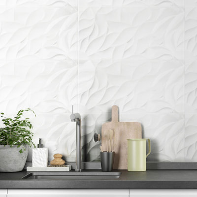 Silom White Leaf 12" x 24" Matte 3D Textured Wall Tile