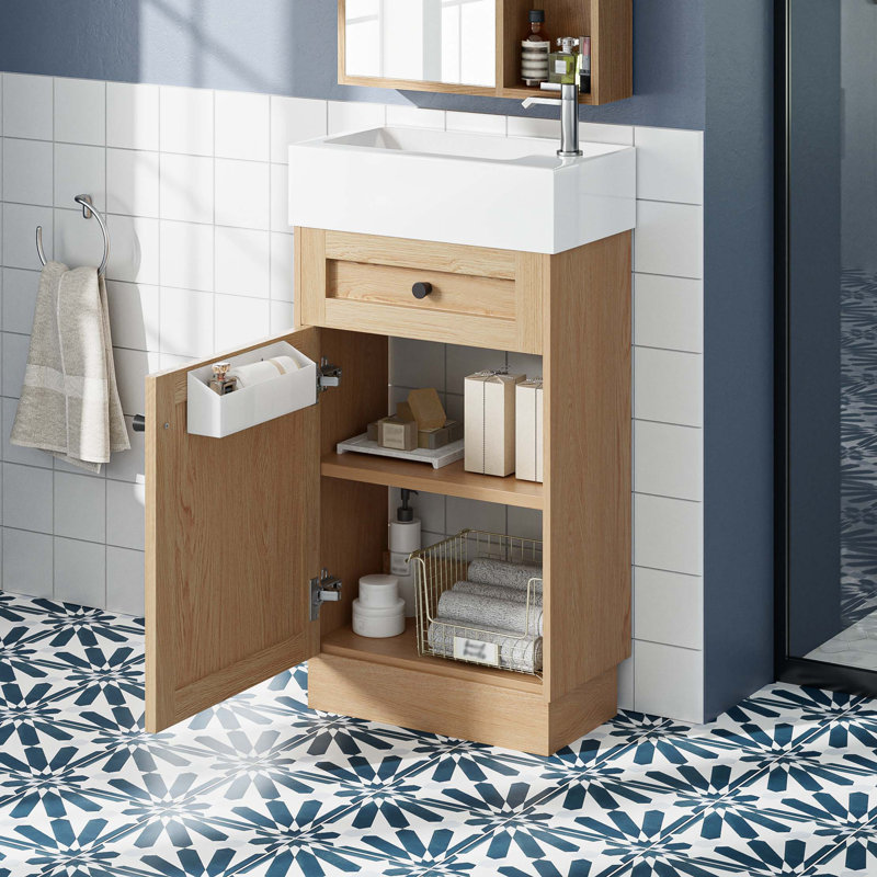 Meuble-lavabo 18,5 po avec lavabo réversible en résine, armoire en panneau de fibres à densité moyenne avec tablette réglable et poignées élégantes en alliage de zinc