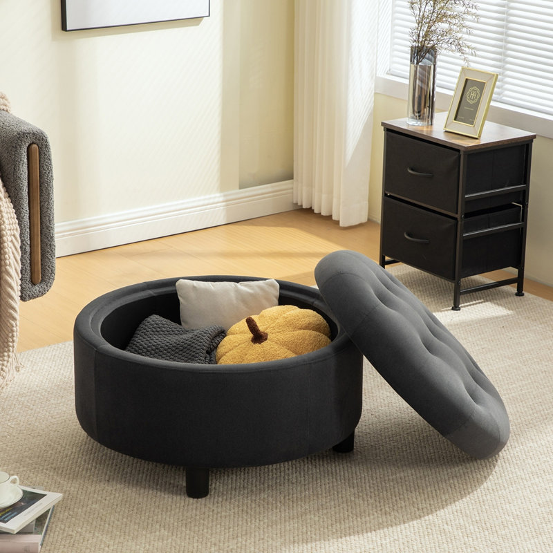 29.33"W Upholstered Round Ottoman, Gray