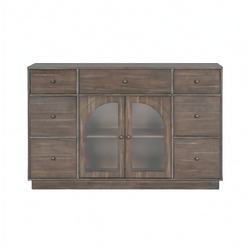 Armoire spacieuse brun foncé avec 2 portes et 7 tiroirs pour le rangement du salon et de la salle à manger, Marron foncé