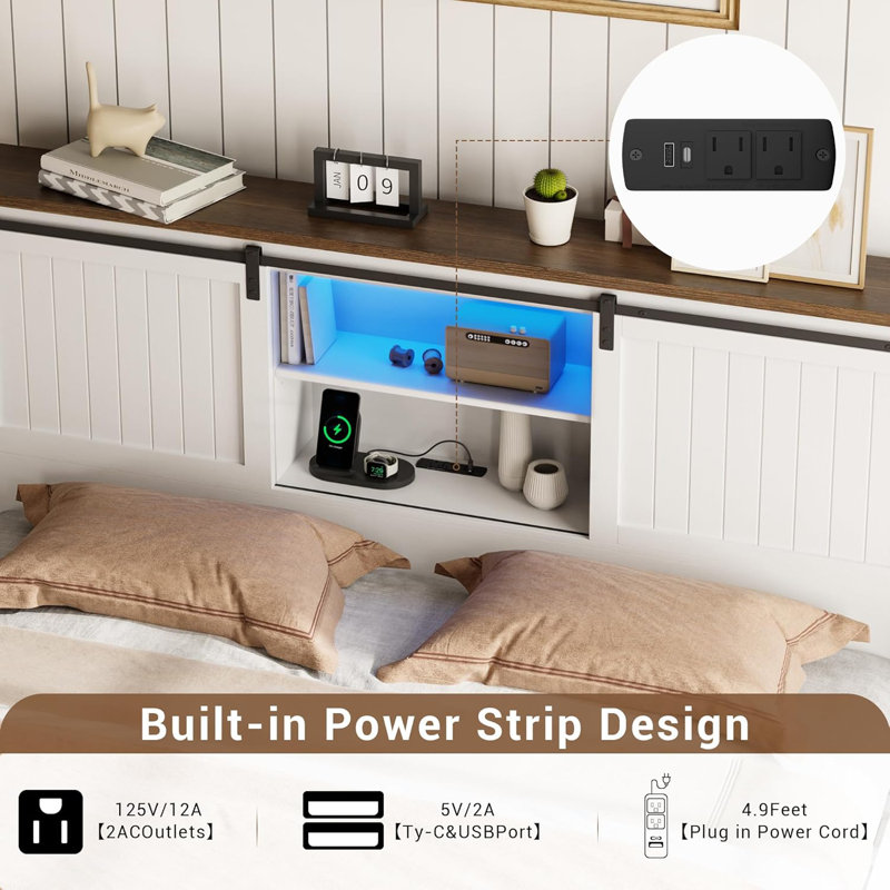 Farmhouse Bed Frame with LED Lights and Charging Station, Full