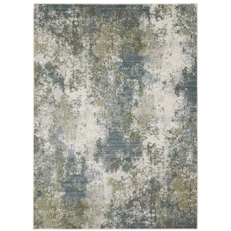 Tapis bleu / vert / ivoire Belinda, Rectangle 3 pi 3 po x 5 pi