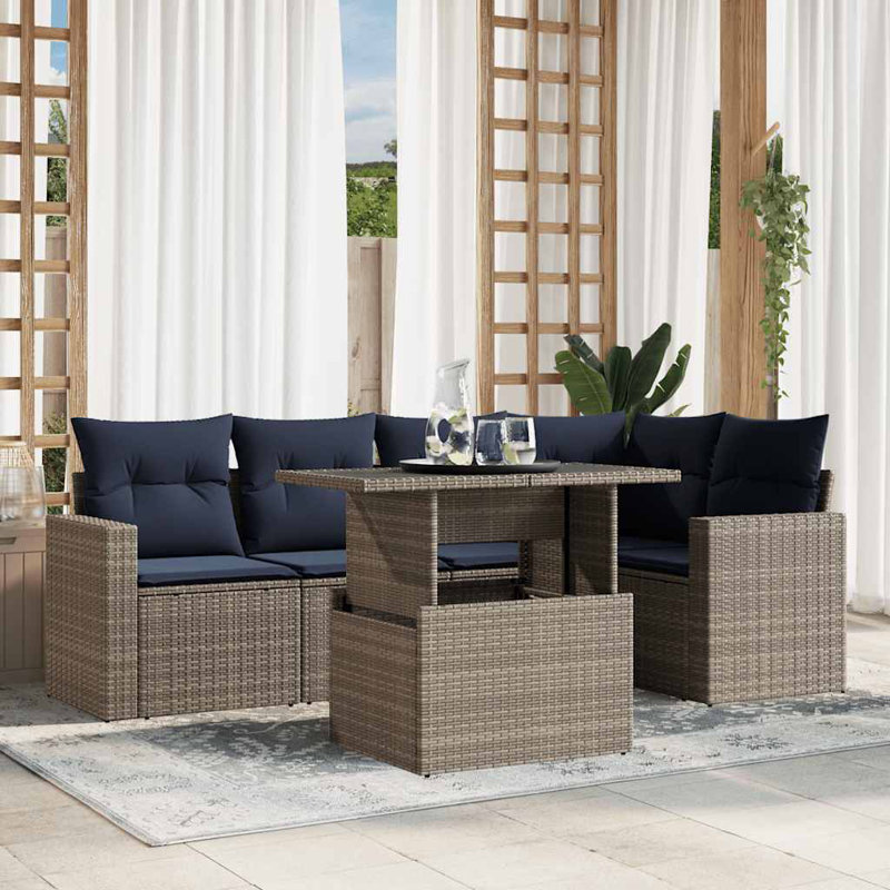 Ensemble de canapé de patio 6 pièces avec coussins en rotin de polyester, Gris, Marine