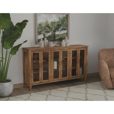 Olum 73 Inch Sideboard Console, Glass Doors, 2 Tiers, Brown Solid Wood
