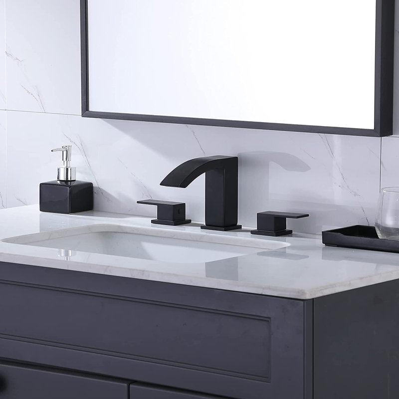 Robinet de salle de bain moderne à large entraxe avec bonde, Noir mat