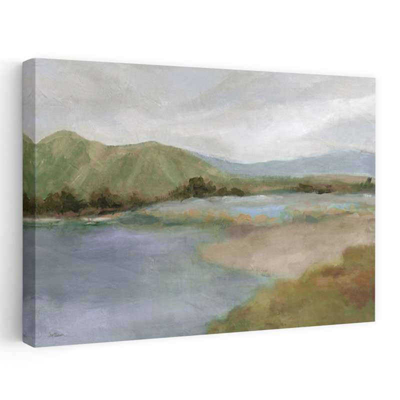 Foothills with Lake, art mural contemporain contemporain, paysage biologique, H 24 po x l 16 po
