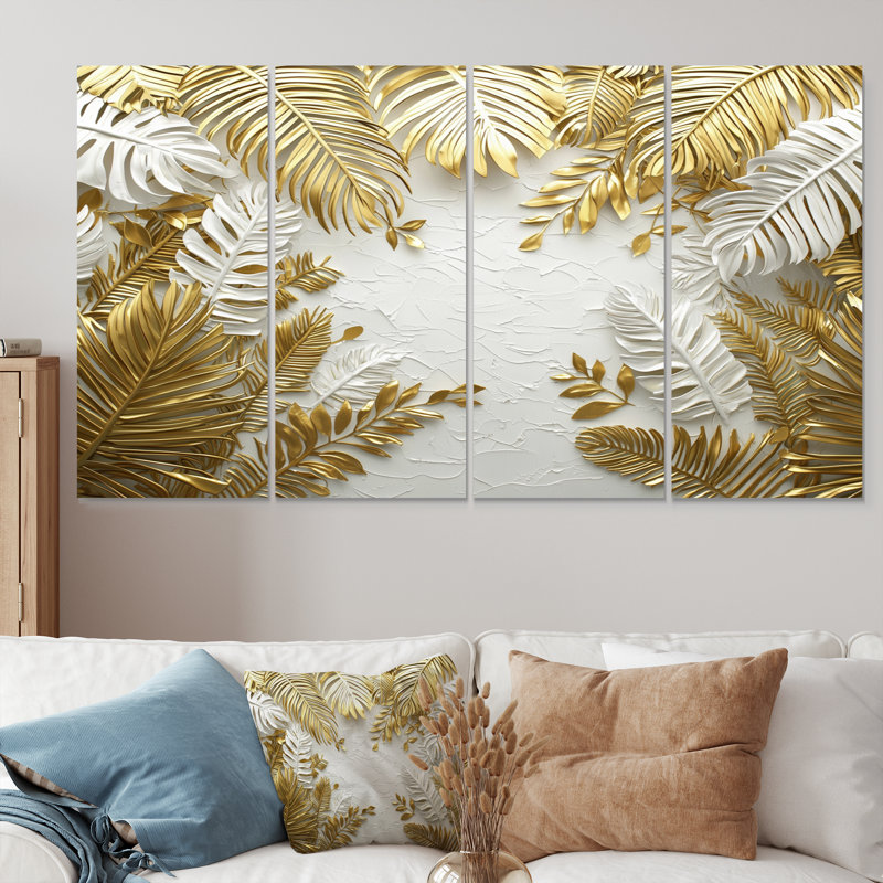 Golden Cream Palms ReunionI - Art mural crème - Toile d'art murale traditionnelle, 4, H 28 po x l 48 po
