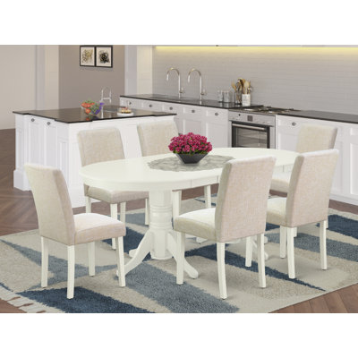 7 Piece Modern Dining Table Set Consists of an Oval Wooden Table with Butterfly Leaf and 6 Light Beige Linen Fabric Parsons Chairs, Linen White