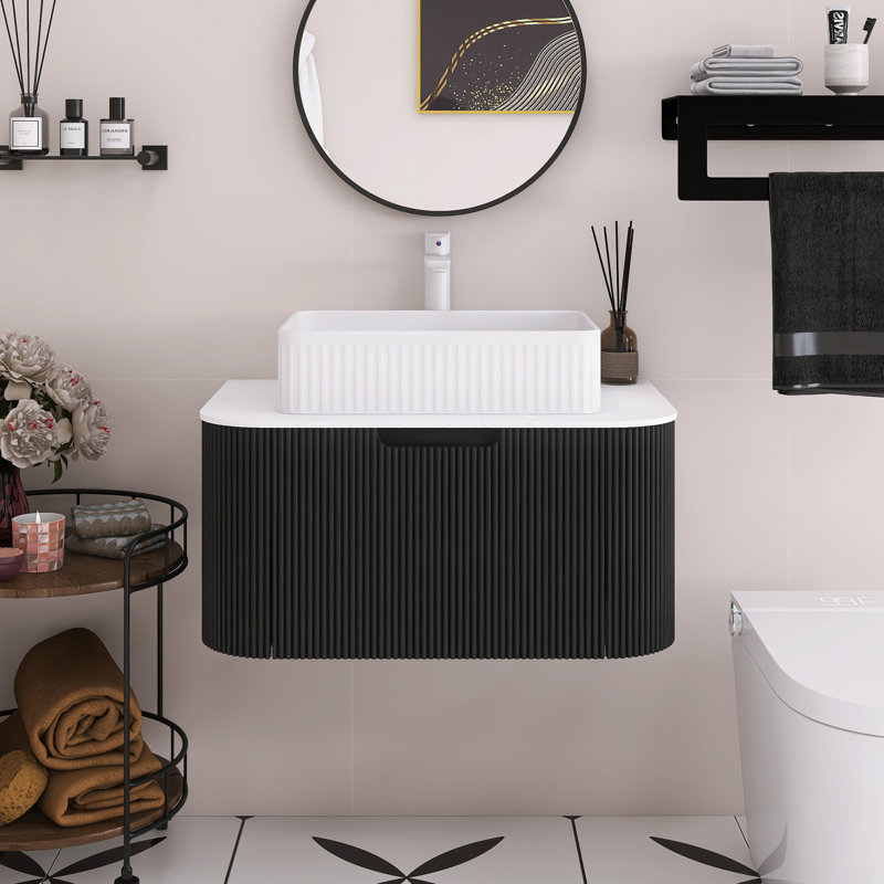 Meuble-lavabo mural de 30 po avec bords arrondis et conception rayée, armoire de rangement avec tiroir, lavabo rectangulaire en céramique blanche.