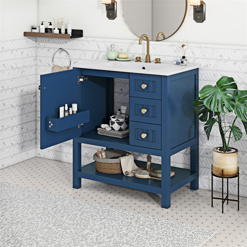 Meuble-lavabo moderne avec lavabo en céramique, Bleu