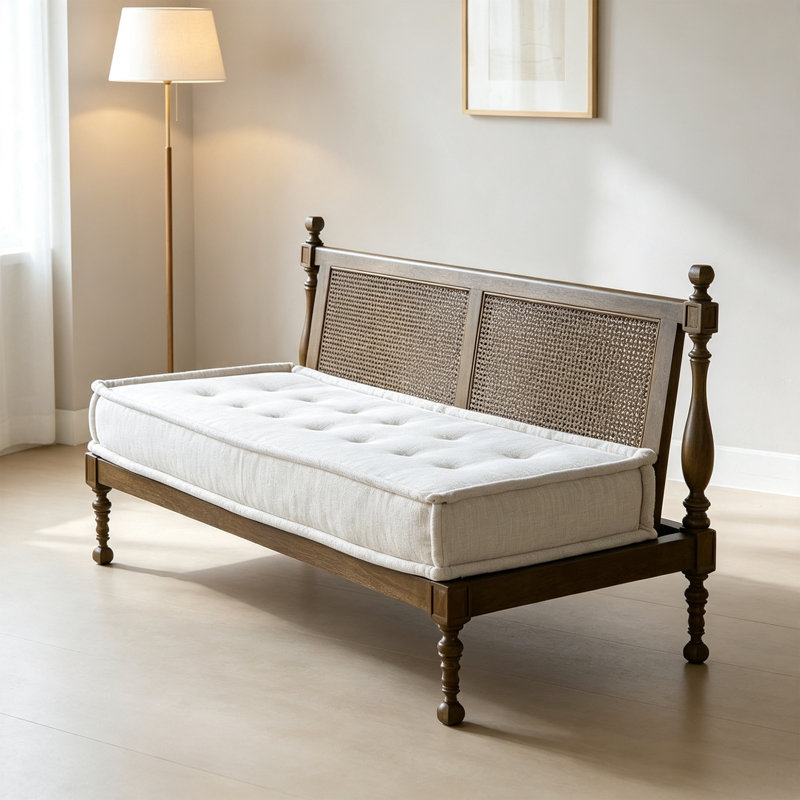 Simple Brown Upholstered Rattan Solid Wood Sofa