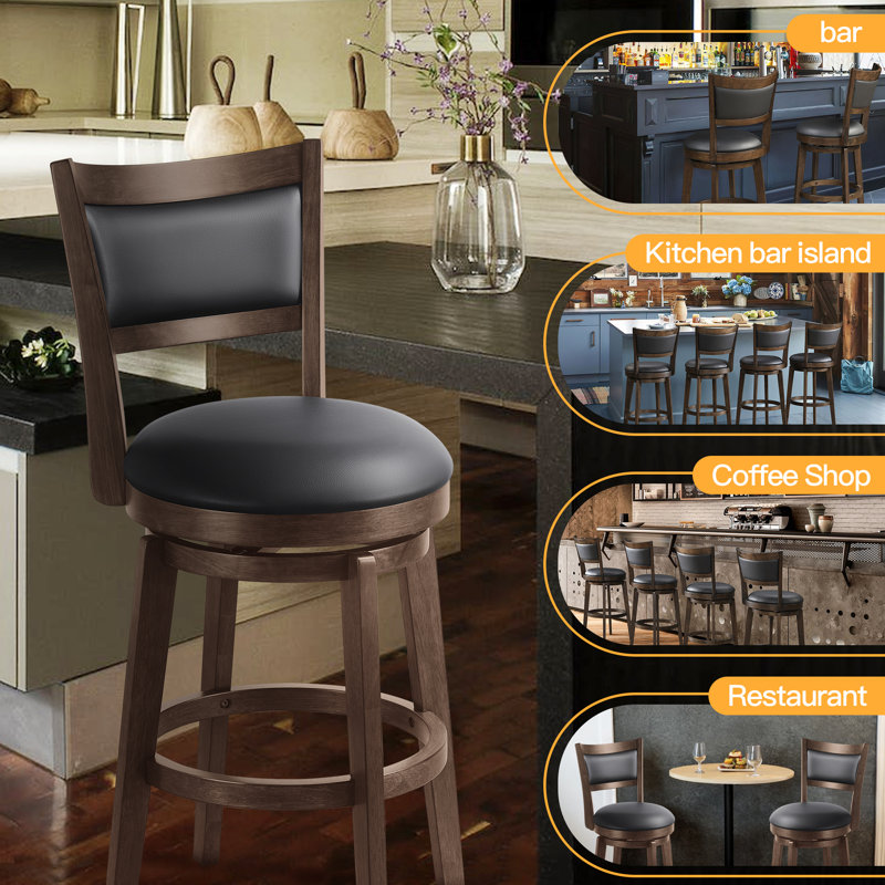 Swivel Stools Set Of 2, Black Faux Leather Upholstered Seat & Solid Wood Footrest, Stool For Kitchen Island & Pub