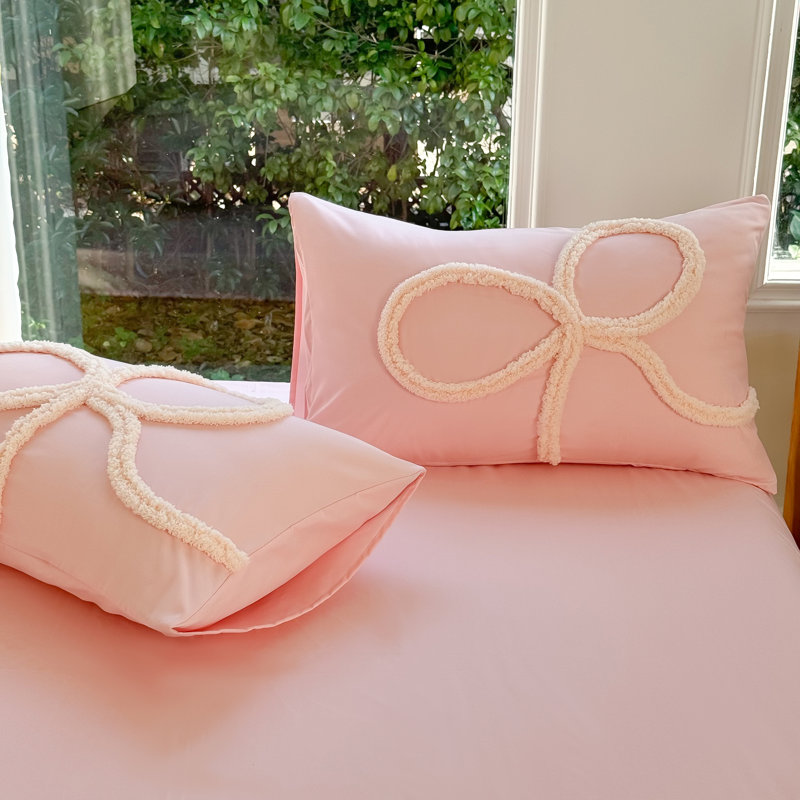 Boho Tufted Embroidered Duvet Cover Set with Zipper and Ties for All Season, Twin Duvet Cover + 1 Pillowcase, Pink