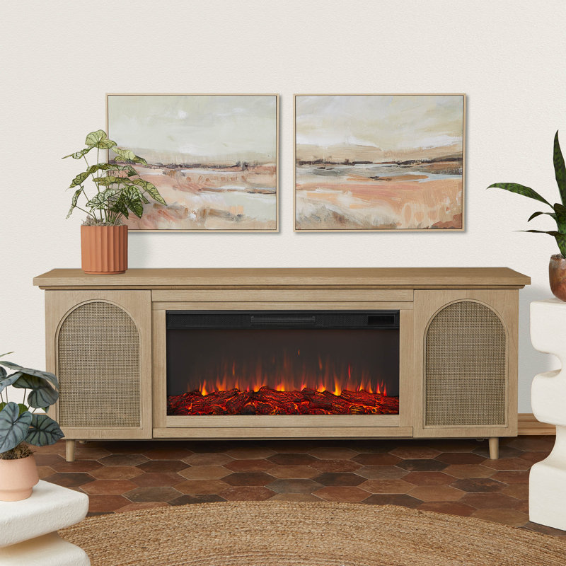 Dahlia 76" Landscape Electric Fireplace Tv Stand In White Oak, Standard