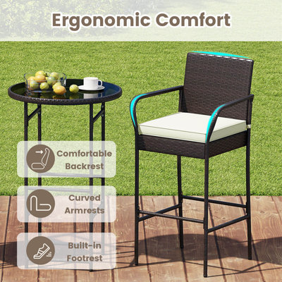 3 Piece Outdoor Bar Set Metal Barstool & Table Set with Glass Tabletop