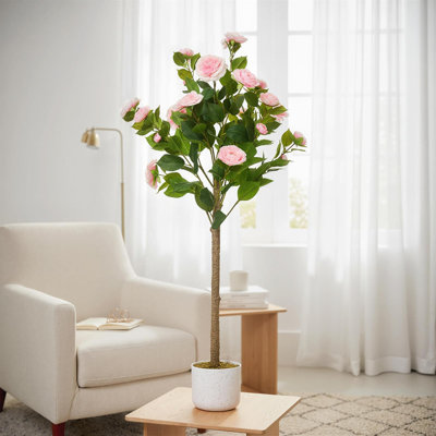 2 Pack Artificial Camellia Tree, 3.6 FT Faux Plant with Pink Flowers, Potted Fake Shrub for Home Front Door Winter Christmas Indoor Outdoor Decor