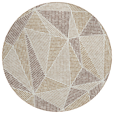 8' Brown Taupe And Beige Round Geometric Washable Indoor Outdoor Area Rug