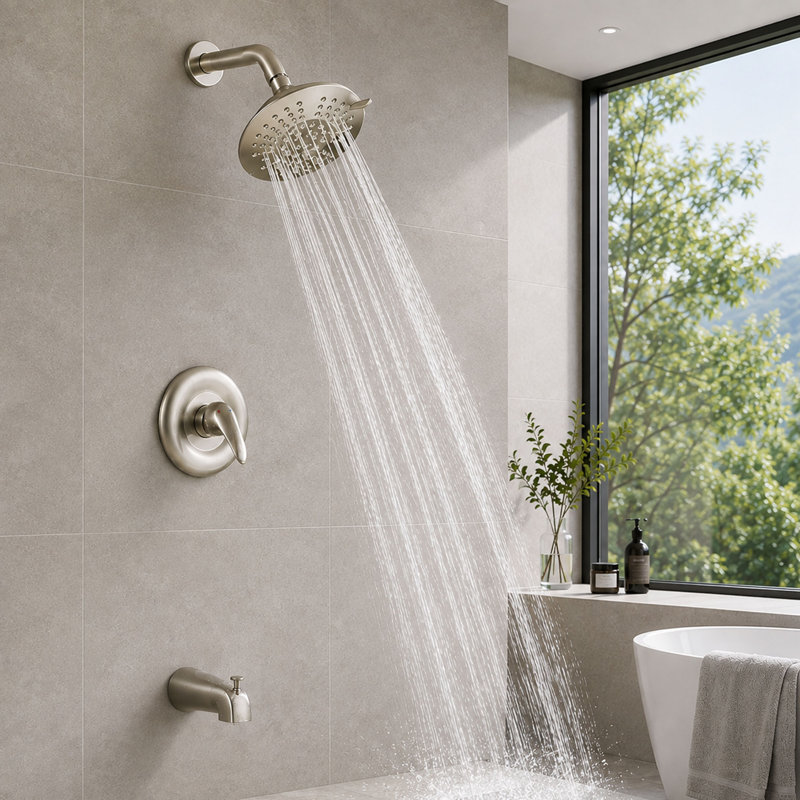 Ensemble de robinet de douche à pluie à pression équilibrée moderne avec robinet de baignoire, Brushed Nickel