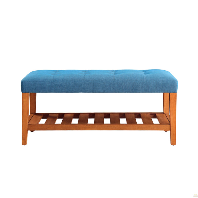 Banc rembourré en tissu avec rangement ouvert, bleu et chêne, Bleu