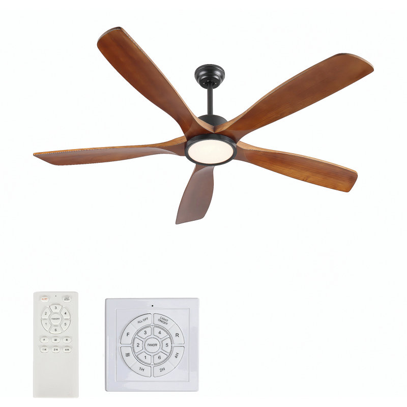 Ventilateur de plafond noir 60 po avec lumière, 5 pales en bois massif, moteur à courant continu réversible à 6 vitesses pour chambre à coucher, salle à manger, salon