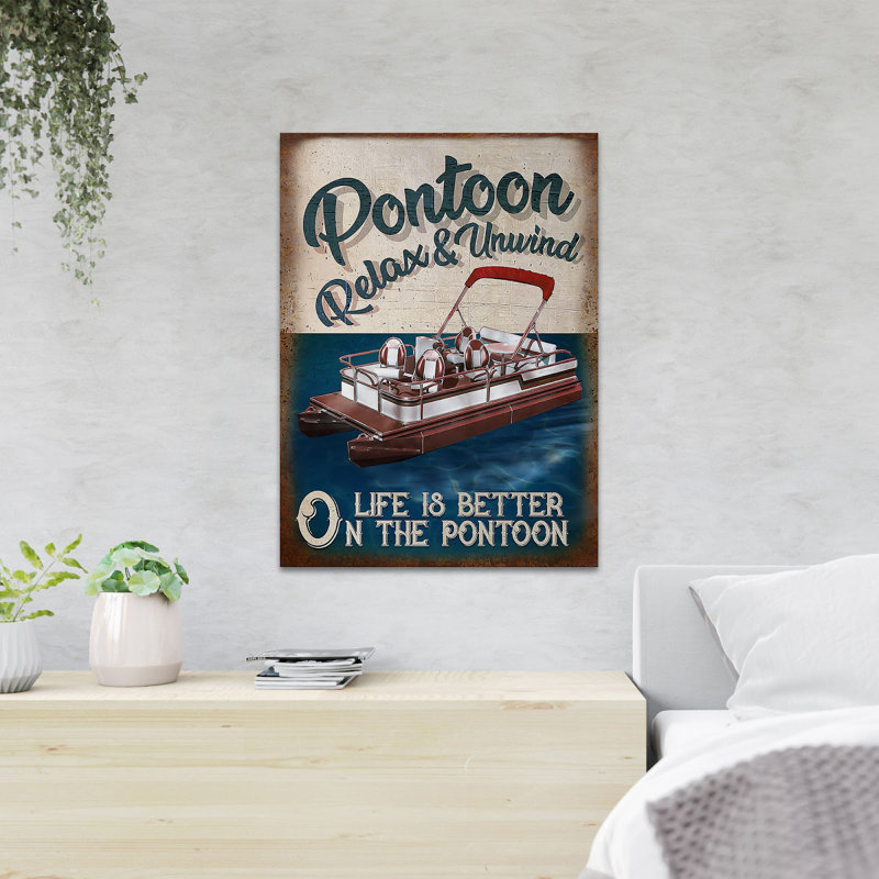 Red Pontoon On River - Life Is Better On The Pontoon - Reproduction d'art graphique sur toile tendue 1 pièce