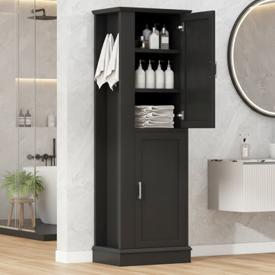 Grande armoire de salle de bain autoportante noire | Matériau en bois aggloméré | Crochet intégré et tablette réglable